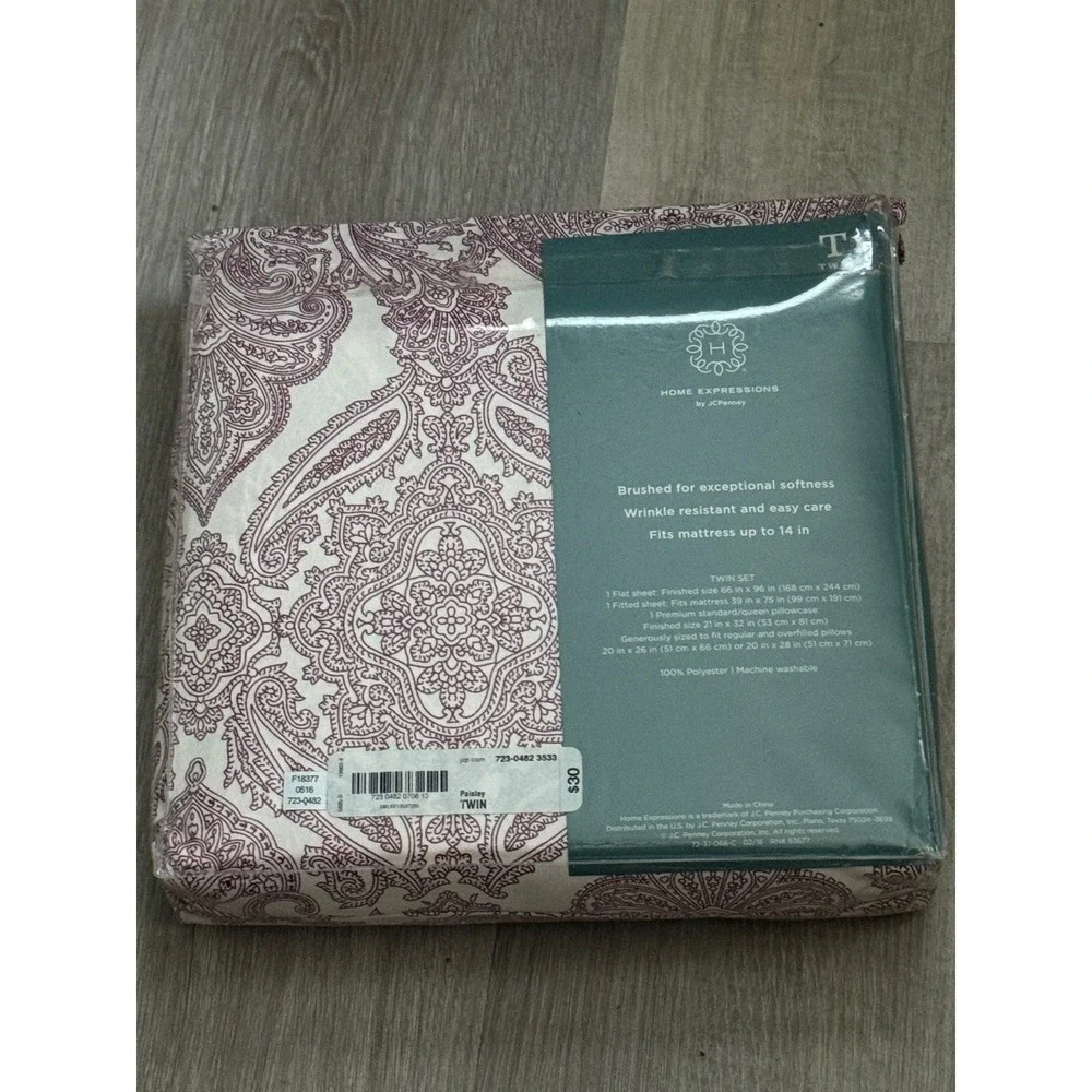 Home Expressions‎ JCPenney Twin Microfiber Sheet Set Paisley Burgundy White NEW